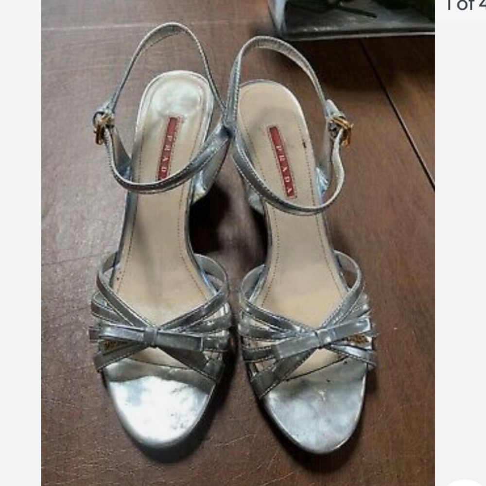 Prada Silver Patent Leather Donna Bow Cork Wedge Sandals Size 40